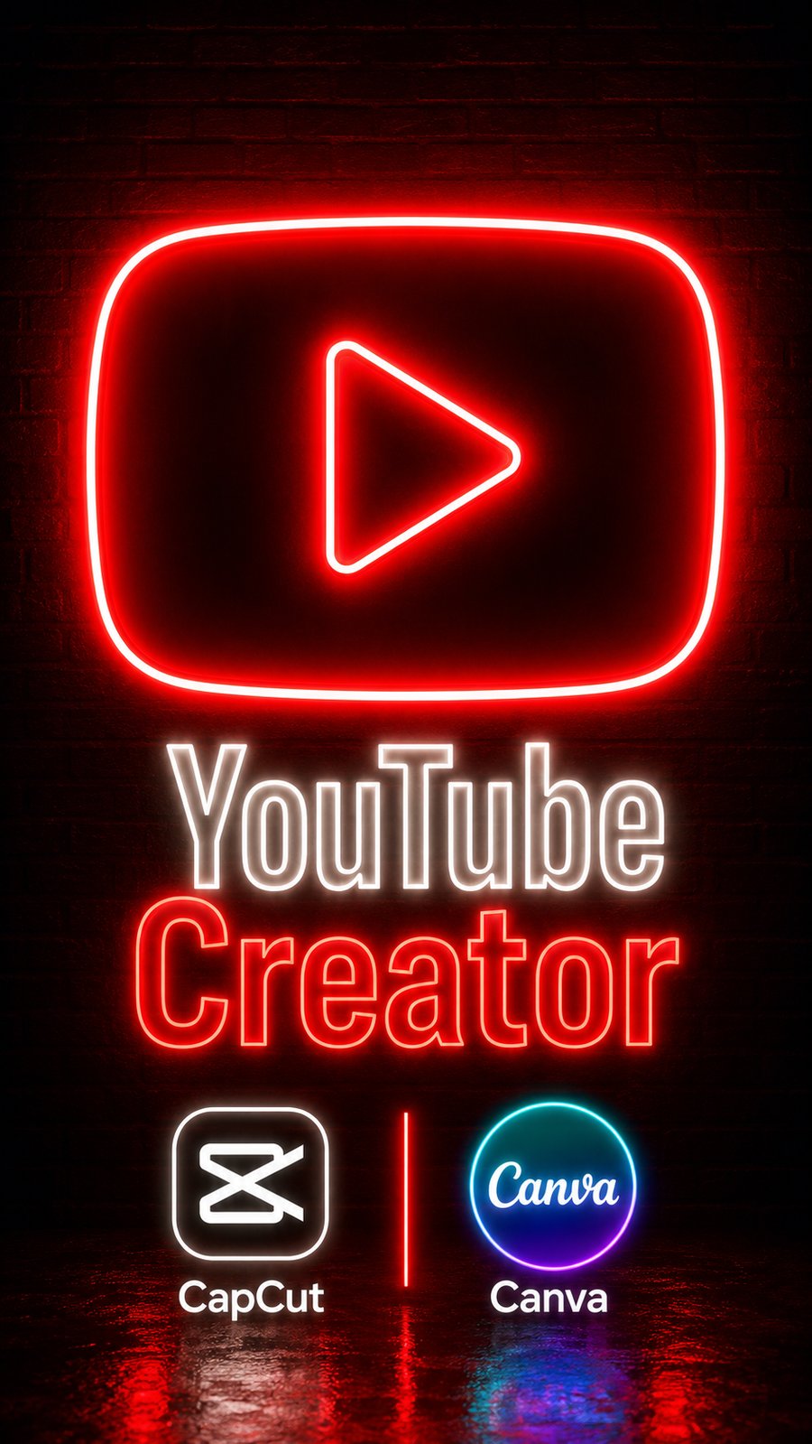 Logotip de YouTube en neó amb les eines d'edició CapCut i Canva