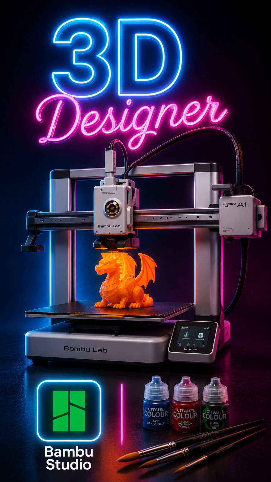 Impressora 3D imprimint un dragó dissenyat pels alumnes, amb el logotip de Bambu Studio