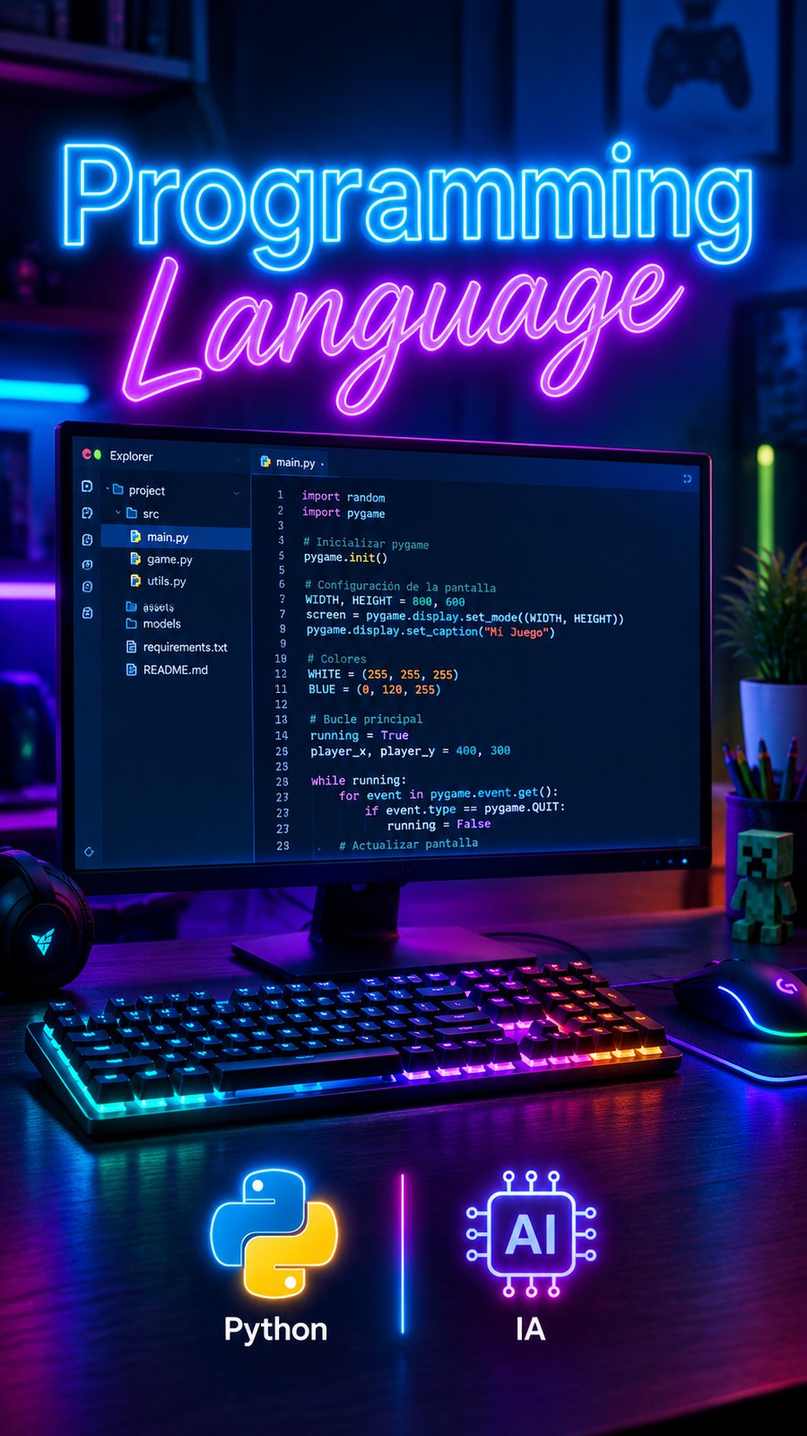 Pantalla d'ordinador amb codi Python per crear un videojoc, amb els logotips de Python i intel·ligència artificial
