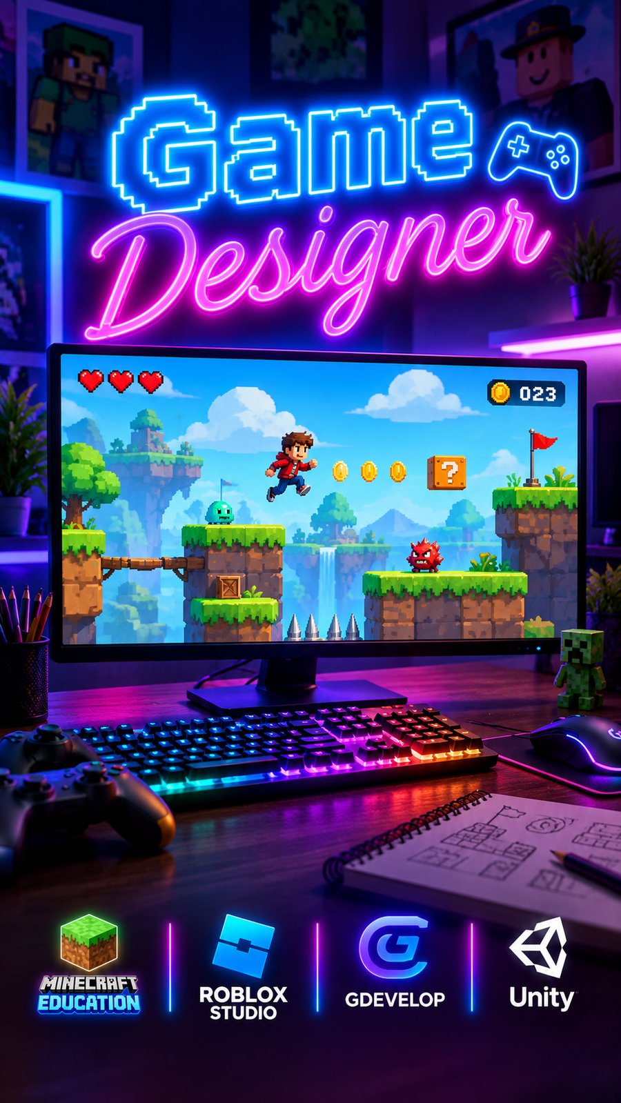 Il·lustració d'un videojoc de plataformes en pixel art creat pels alumnes, amb els logotips de Minecraft Education, Roblox Studio, GDevelop i Unity